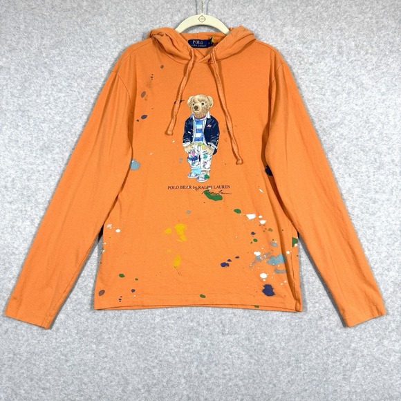 Polo Ralph Lauren Shirt Mens Medium Artist Bear Paint Splatter Hoodie Pullover - Picture 1 of 14